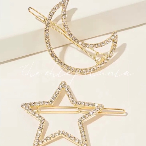 💫Moon & Star Hair Clip Set Gold Pavé - Picture 2 of 4